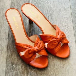 PRADA Antic Soft Corallo heeled sandals in a terra cotta orange, leather size 37